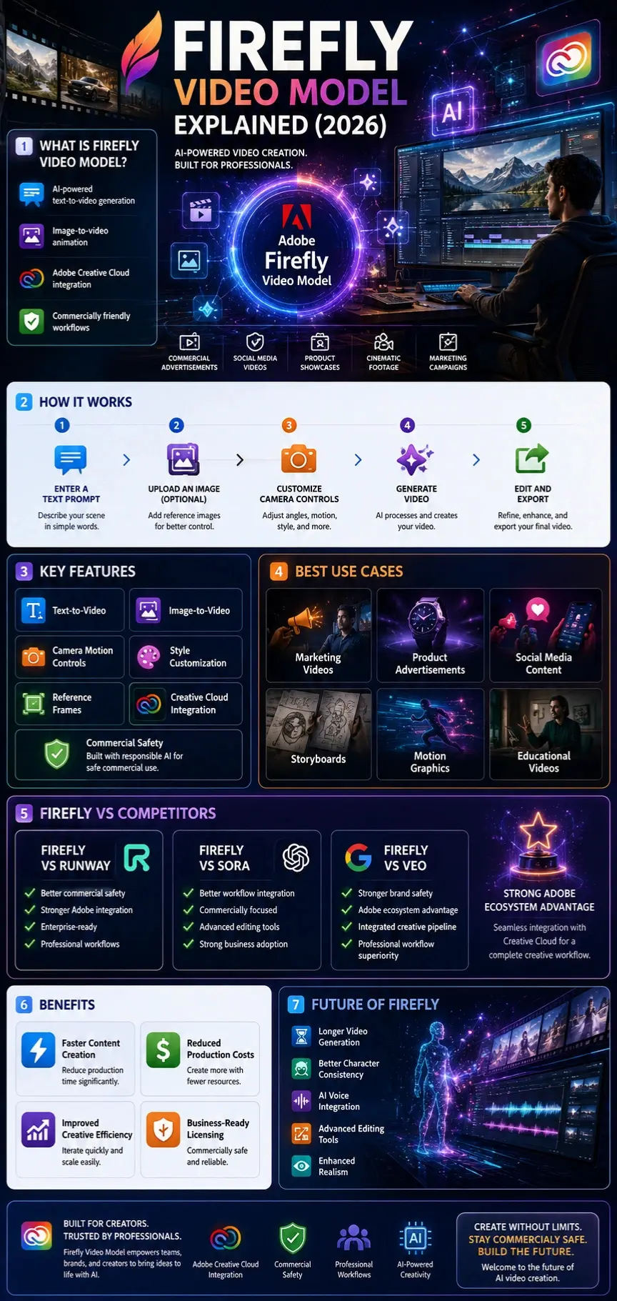 Firefly Video Model infographic showing features, text-to-video generation, image animation, pricing, workflows, Adobe integration, and AI video creation benefits in 2026.