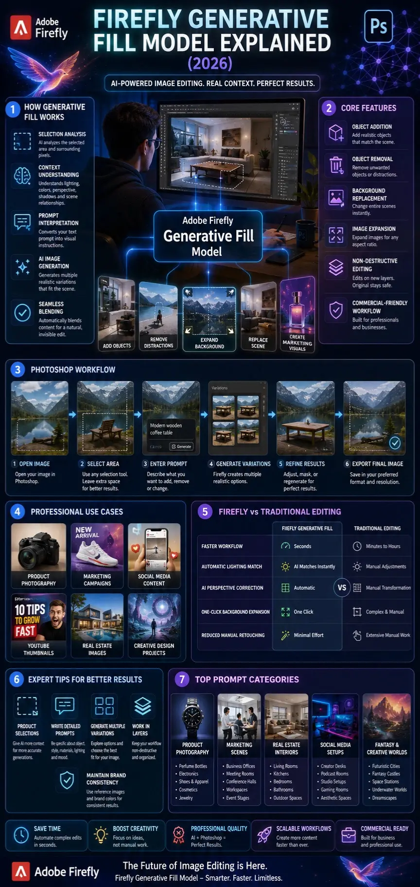 Firefly Generative Fill Model infographic showing AI image editing workflows, Photoshop integration, prompt engineering, object removal, image expansion, marketing use cases, and professional editing techniques in 2026.