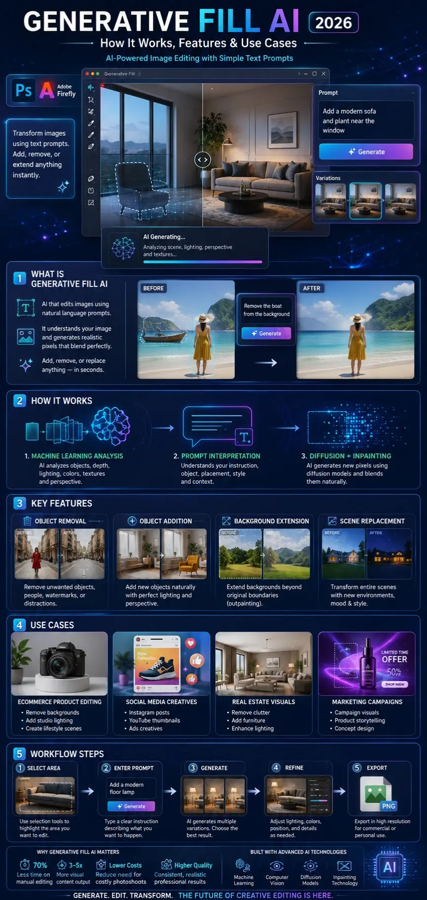 Generative Fill AI infographic showing how AI image editing works in 2026, including object removal, background extension, and prompt-based editing workflows for designers, marketers, and ecommerce businesses using tools like Adobe Firefly and Photoshop.