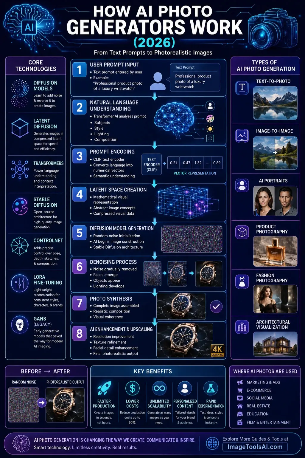 Infographic explaining how AI photo generators work in 2026, showing the complete workflow from text prompts and transformer-based language understanding to diffusion models, latent space processing, denoising, photo synthesis, and AI image enhancement.