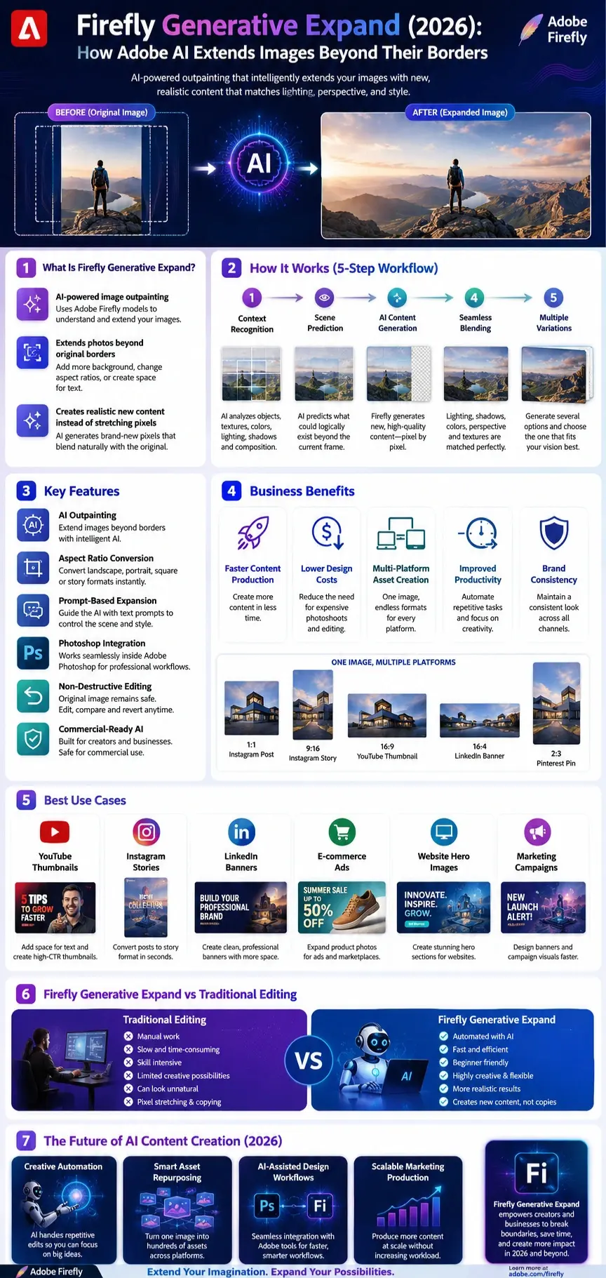 Firefly Generative Expand infographic showing Adobe AI image outpainting workflow, features, business benefits, Photoshop integration, and image expansion process in 2026.