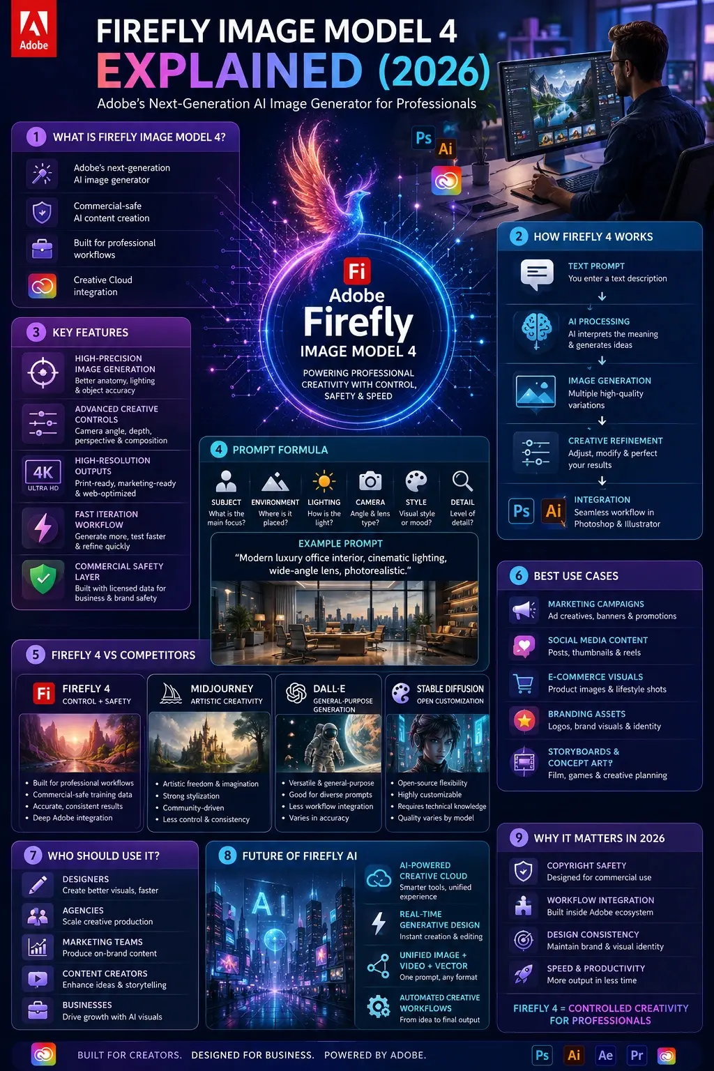 Firefly Image Model 4 infographic showing Adobe's AI image generator, key features, prompt engineering tips, workflow integration, competitor comparison, commercial safety, and professional creative use cases in 2026.