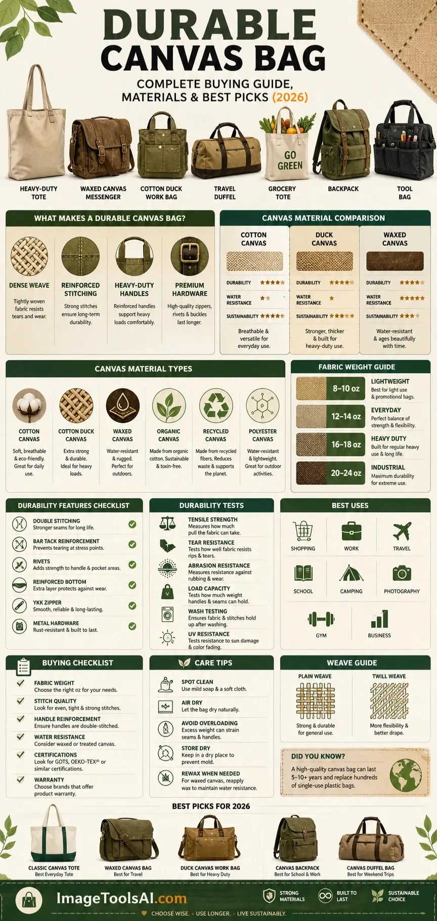 Durable canvas bag infographic showing canvas types, fabric weights, durability features, buying checklist, care tips, and best uses for choosing a long-lasting canvas bag in 2026.
