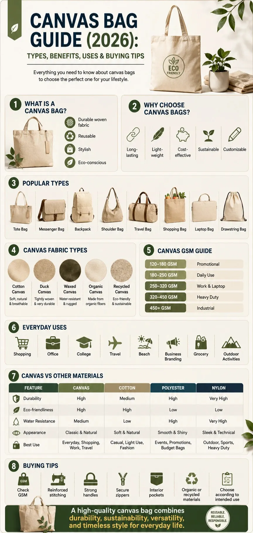 Canvas bag infographic showing types, fabric materials, GSM guide, benefits, everyday uses, buying tips, and comparisons with cotton, polyester, and nylon bags.
