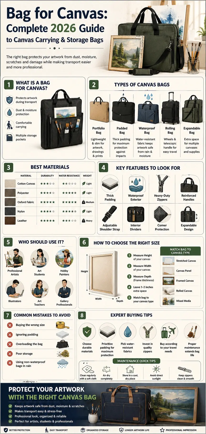 Bag for canvas infographic showing types, materials, sizes, key features, buying tips, and artwork protection guide for artists in 2026.