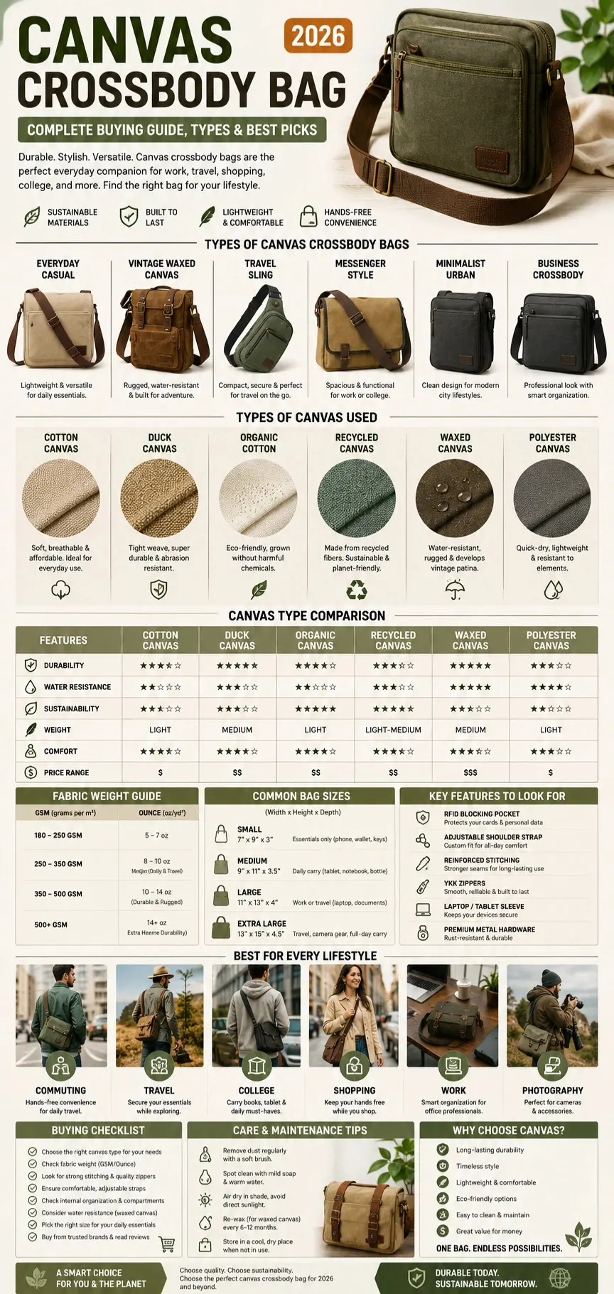 Canvas crossbody bag infographic comparing canvas types, durability, features, sizes, buying guide, care tips, and best uses for everyday carry in 2026.