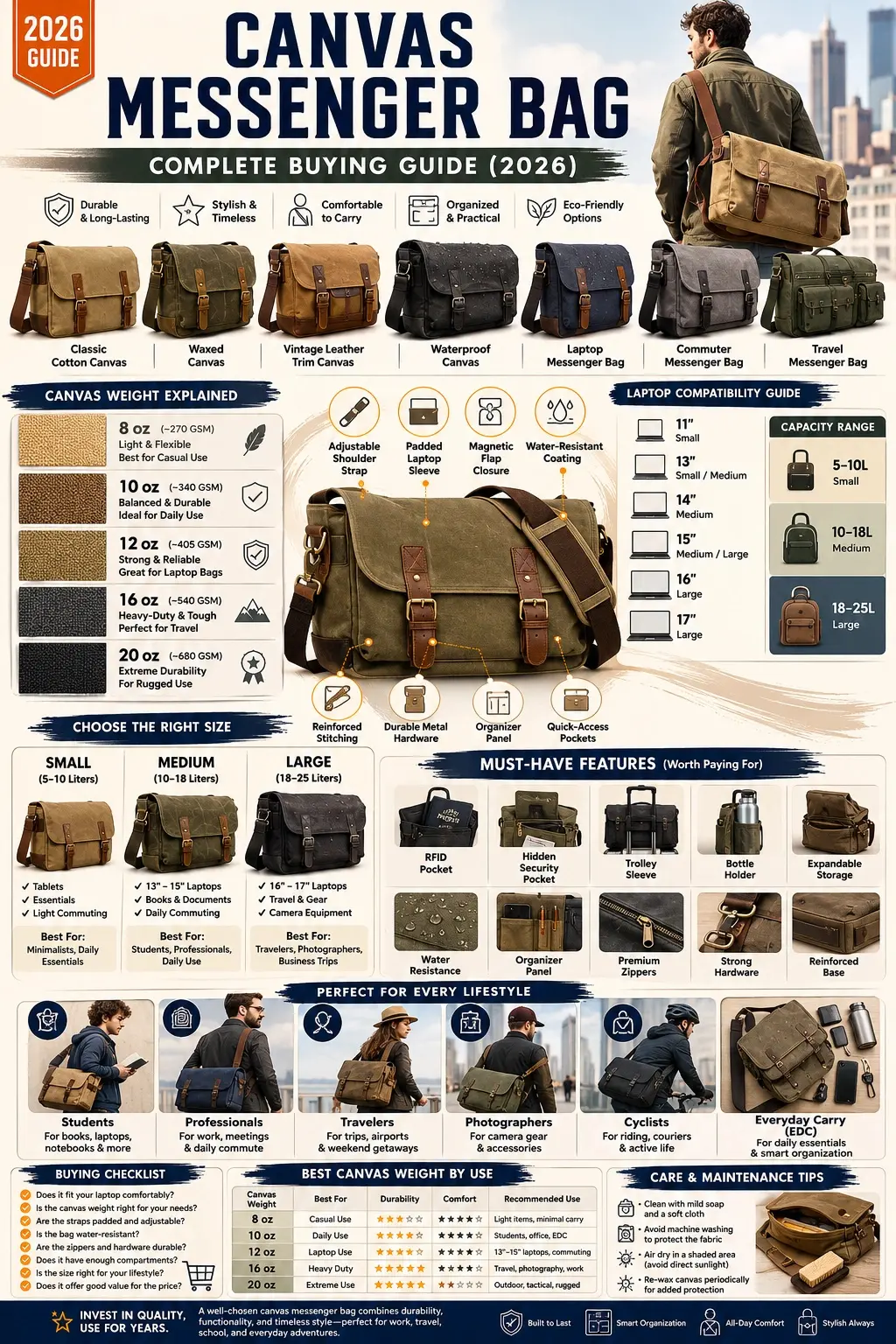 Canvas messenger bag infographic showing canvas weights, sizes, laptop fit, features, buying guide, and everyday use tips for 2026.