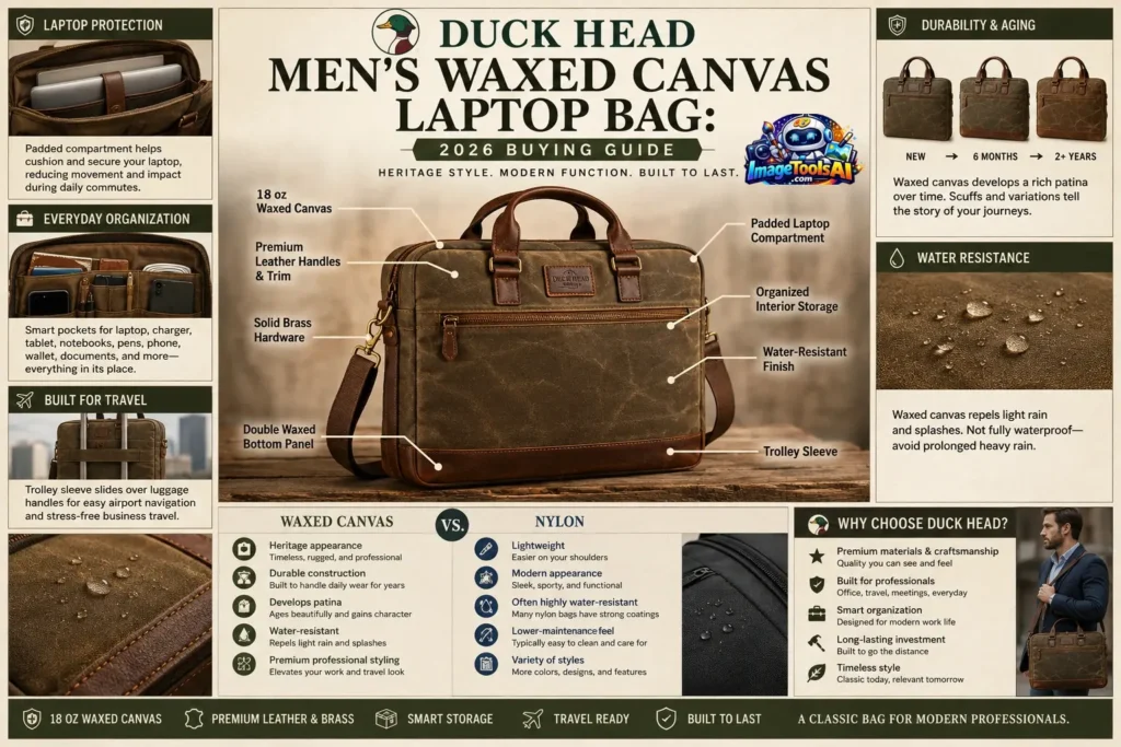 Duck Head Men’s Waxed Canvas Laptop Bag 2026 buying guide showing 18 oz waxed canvas, leather accents, laptop protection, organization, durability, and travel features.