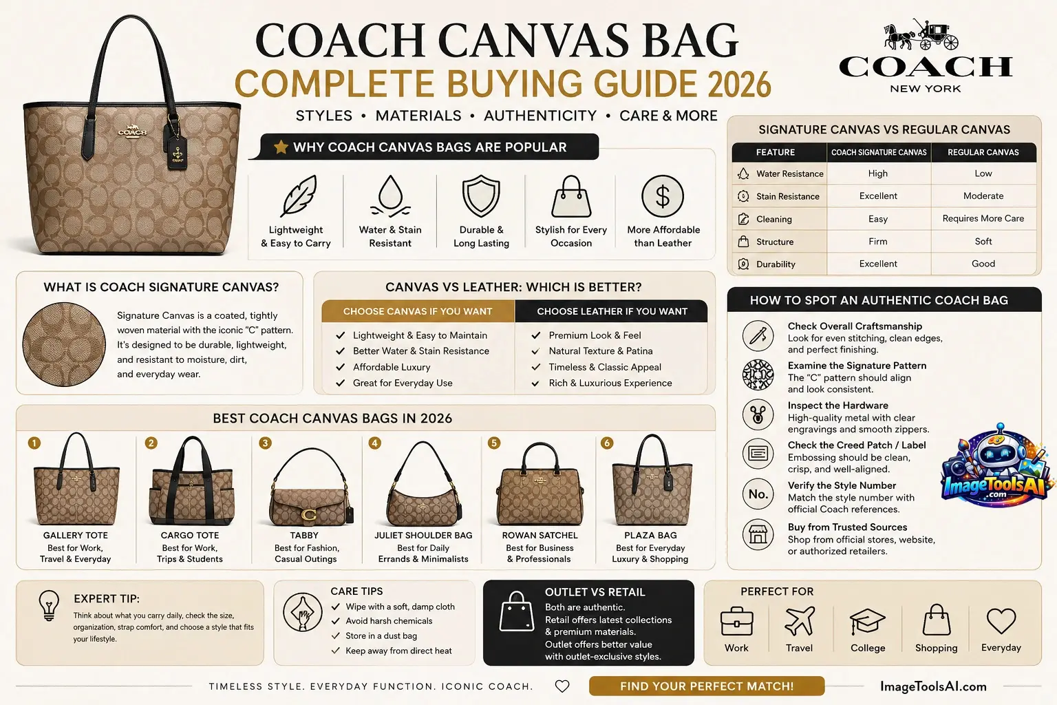 Coach canvas bag complete buying guide 2026 showing Signature Canvas, leather comparison, best styles, authenticity checks, care tips, and buying advice.