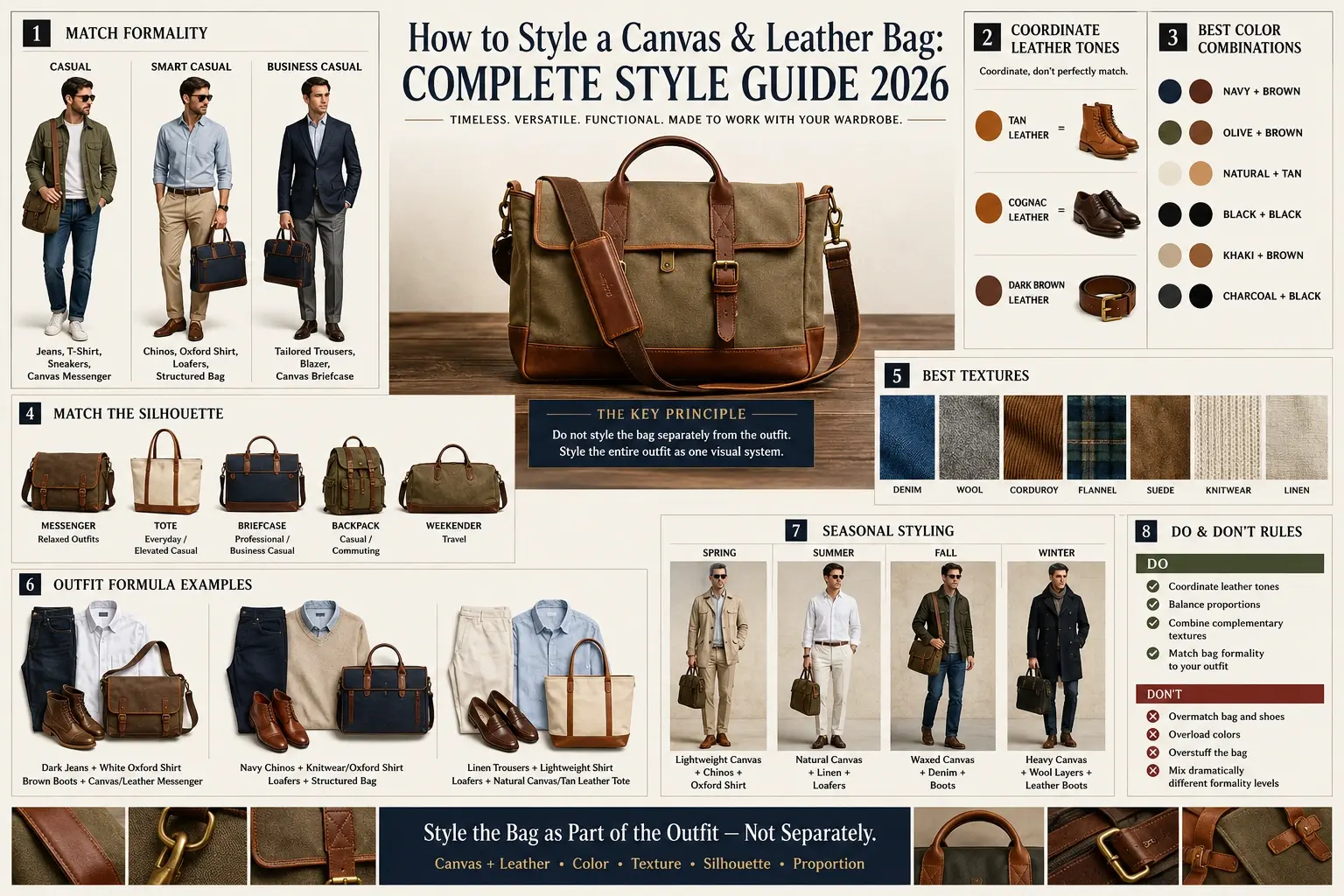 Canvas and leather bag styling guide showing outfit ideas, color combinations, textures, silhouettes, and seasonal looks.